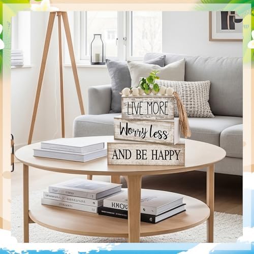Moucuny 4 Pcs Inspirational Farmhouse Table Decor Rustic Stacked Wooden Block Sign - Live More Worry Less Be Happy