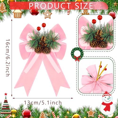 Syhood 6 Pcs Christmas Bows Xmas Velvet Bows Tree Decor, Pink