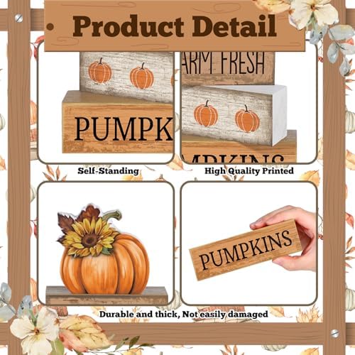 Lineshading 4 Pcs Fall Table Decor Pumpkin Sunflower Sign, Farm Fresh Wood