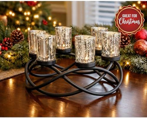 Seraphic Kitchen Table Centerpiece Decor, Tealight Candle Holder, Silver