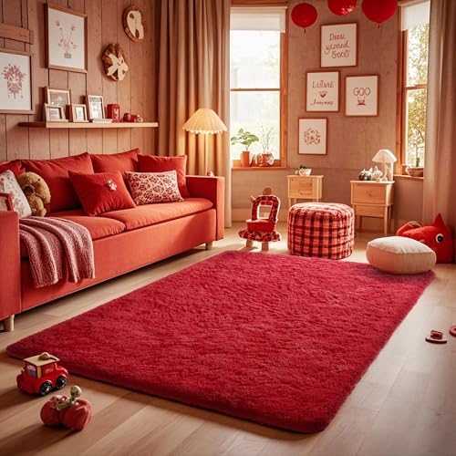 Ophanie Red Rugs for Bedroom Living Room, Fluffy Fuzzy Furry Carpet, Plush Soft Shaggy Bedside Indoor Floor 4x6 Area