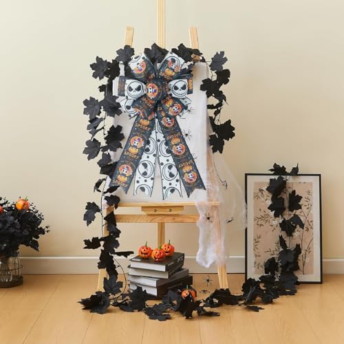 1 Pcs Large Halloween Wreaths Bow - Spooky Skeleton & Pumpkin Print Bow for Wreaths, Indoor Outdoor Decor, Halloween Party Supplies Gifts (Skeleton & Pumpkin Bow)