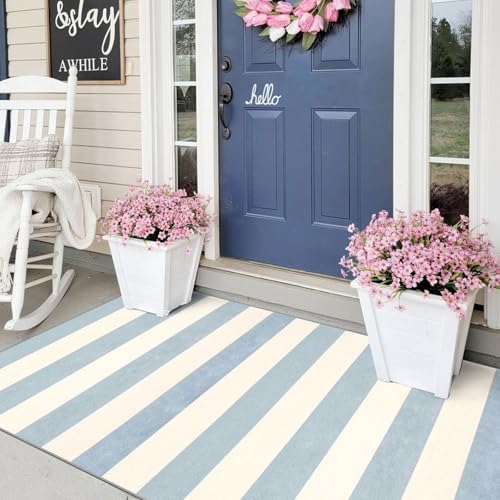 3x5 Entry Rug - Small Washable Indoor Outdoor Mats for Front Door Non-Slip Porch Rug Summer Blue White Coastal Striped