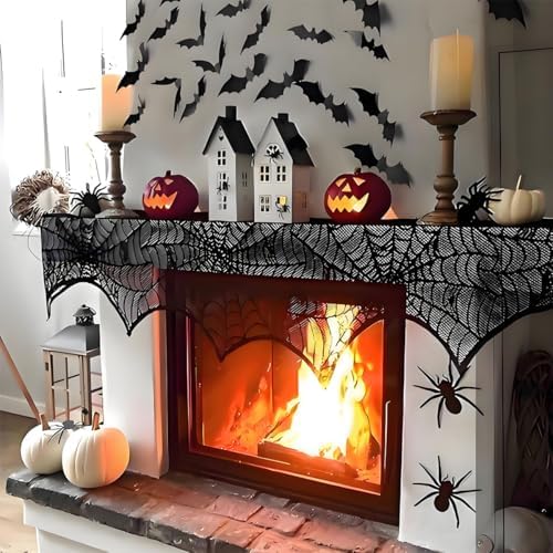 Halloween Spiderweb Decorations - 18inch × 96inch Halloween Mantel Scarf - Black Lace Spiderweb Mantle Scarf for Halloween Home Party Supplies - Halloween Party Decorations