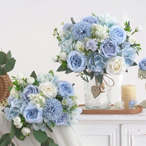 8 Pcs Mixed Artificial Peony Flowers Set-4 Bouquets & 4 Stems, Blue Fake Peony Rose Hydrangea Flowers for Vase Silk Floral Arrangements for Table Centerpiece Wedding Party Bridal Decoration Home Decor
