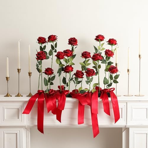 50PCS Artificial Silk Roses in Bulk & Bouquet Long Stem – Realistic Fake Roses for Wedding Centerpieces, Home Decor, Floral Arrangements, Party Decoration (Burgundy)