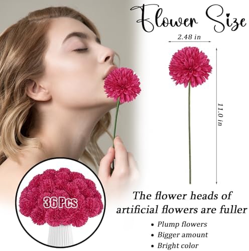 36 Pcs Artificial Chrysanthemums Flowers Hot Pink Flowers Fake Mums Silk Flowers for Christmas Wedding Floral Table Centerpiece Home Decor
