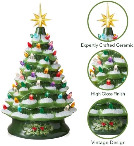 Casafield Hand Painted Ceramic Christmas Tree, Green Snow Flocked 15-Inch Pre-Lit Tree with 128 Multi-Color Lights and 2 Star Toppers