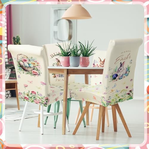 Hosuly 6 Pcs Easter Chair Covers Print Bunny Egg Flower Removable Seat Covers for Home Easter Spring Restaurant Decor or Hotel Restaurant Party Banquet
