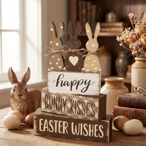 Yousoontic 4 Pcs Rustic Easter Bunny Wooden Table Decorations, Spring Farmhouse Rabbit Tiered Tray Sign Country Table Top Centerpiece Decorative for Home Entryway Office Desk Mantel Room Decor, Gift