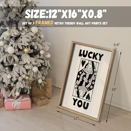 Heiple Framed Set of 3 Poker Wall Art Lucky You Poster, Trendy Retro Print Wall Decor for Queen of Hearts Wall Art