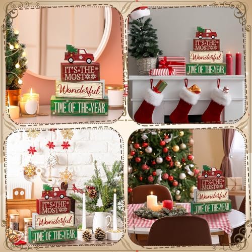 Moucuny 4 Pcs Christmas Red Truck Centerpiece Wooden Block Signs Tabletop