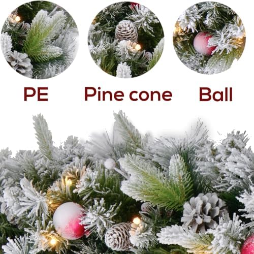 9FT Flocked Prelit Garland with Dual Color LED Lights and Timer by Remote Control and Batteries Operated, Home Mantle Stairs Railing Fireplace Outdoor Indoor Wall