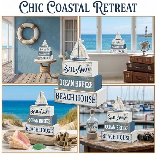 Britimes Tiered Tray Decor Set, 4 Pack, Wooden Table Sign, Nautical Ocean