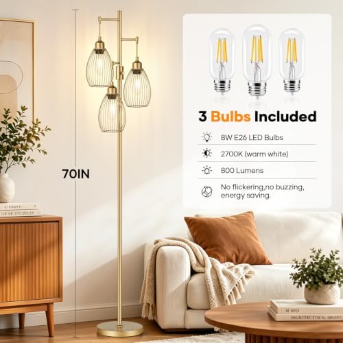 Dimmable Floor Lamp, 3 x 800LM LED Edison Bulbs Included, Farmhouse Industrial Floor Lamp Standing Tree Lamp with