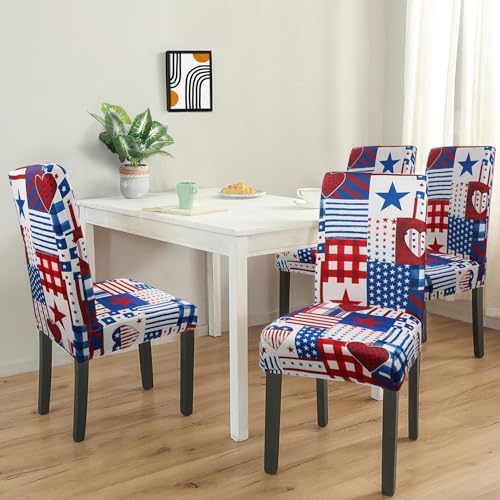 Dining Room Independence Day Chair Covers Set of 4,4th of July Plaid Stitching Dining Chair Cover,Elastic Removable and Washable Dining Chair Cover,Suitable for 4th of July Kitchen Dining Room Decor