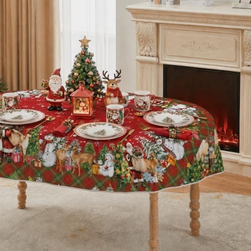 Christmas Tablecloth 60x84 Inch, Santa Claus & Snowman Water Resistant Oval Table Cover, Farmhouse Winter Holiday Table Decor for Xmas Dinner Party Kitchen Home
