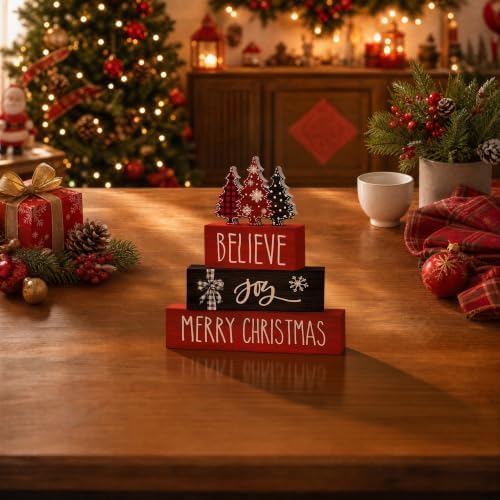 Smile 4 Pcs Merry Christmas Signs, Wooden Tabletop Decor