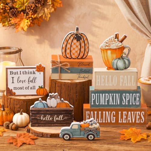 11 Pcs Fall Coffee Table Decor for Home, Wooden Pumpkin Spice Signs
