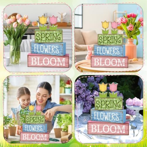 Moucuny 4 Pcs Spring Wooden Block Signs Farmhouse Table Tiered Tray Decor