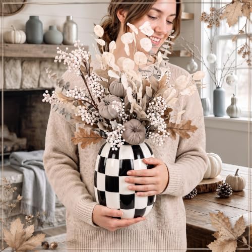 Beeveer 6.7'' Ceramic Pumpkin Vase Black and White Checkered Utensil Holder