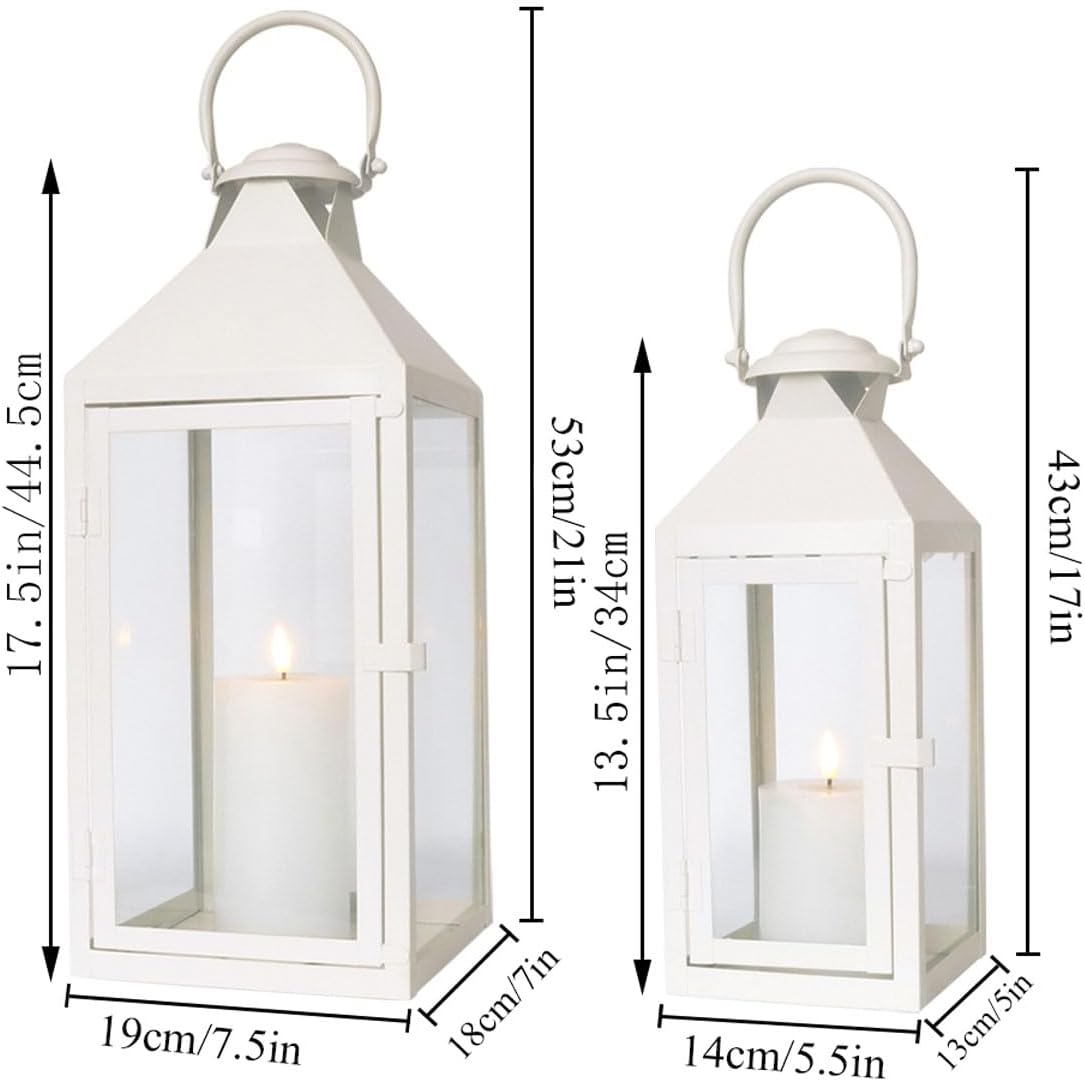 JHY DESIGN Set of 2 Cream Decorative Lanterns 17.5inch&13.5inch Metal Candle Lanterns for Indoor Outdoor Events Paritie