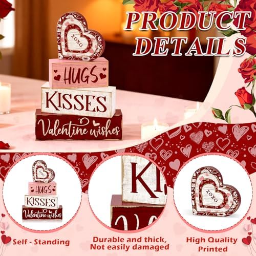 Britimes Tiered Tray Decor Set, 4 Pack, Wooden Table Sign, Red Valentine