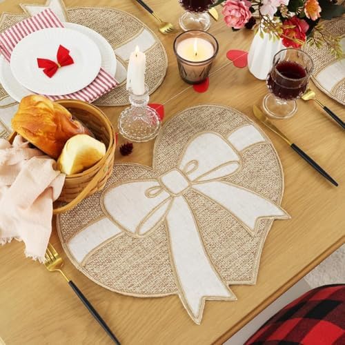 Feuille Valentines Placemat Set of 4,Farmhouse Burlap Heart Bow Valentines Day & Anniversary Placemat Rustic Table Decor for Dining Table