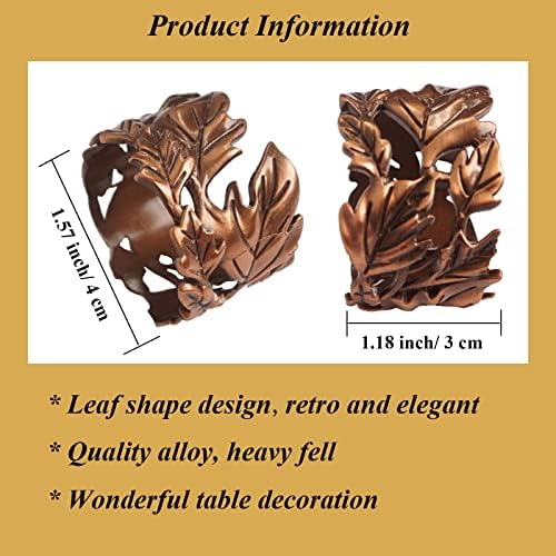 Leaf Shape Napkin Rings Set of 6, Bronze Napkin Rings Metal Napkin Ring Holders for Dinner Party, Wedding, Banquets,Thanksgiving, Holiday Table Settings