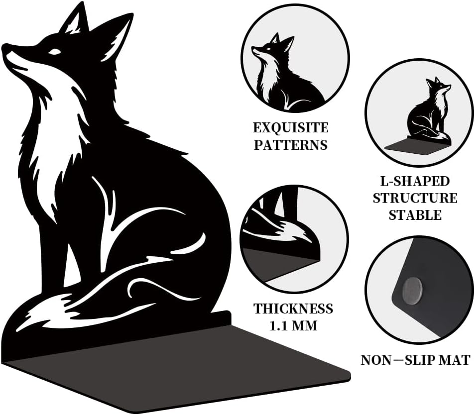 Metal Bookends / Exquisite Bookshelf Decor Book Ends for Heavy Books / Fox / Black