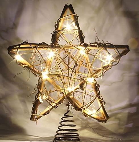Christmas Tree Topper Farmhouse Christmas Decor Christmas Tree Decorations Rattan Natural Christmas Tree Star with 10 Warm LED Lights for Rustic Christmas Ornaments Holiday Seasonal Decoration 10 Inch