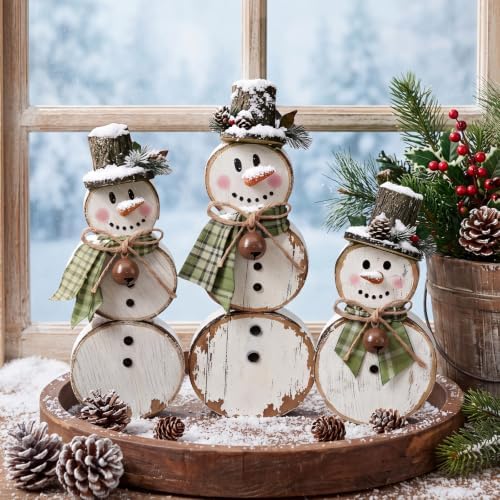 Barydat 3 Pcs Snowman Christmas Decorations Rustic Wooden Indoor Decor