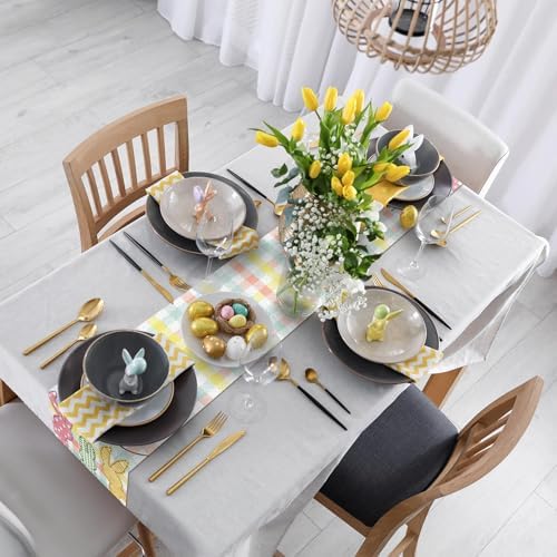 Niviy Buffalo Plaid Rabbit Bunny Happy Easter Table Runner, 13x60 Inch Check Stripes Kitchen Table Decor, Spring Kitchen Dining Table Decoration for Home Party Decor