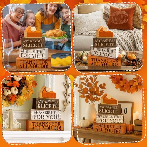 Moucuny 4 Pcs Fall Stacked Blocks Pumpkin Pie Farmhouse Thanksgiving Decor