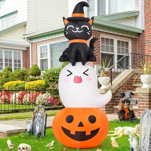 COMIN 6 FT Halloween Inflatables Pumpkin Ghost Cat Combo Outdoor Decorations Blow Up Yard with Built-in LEDs for Indoor Party Garden Lawn Decor