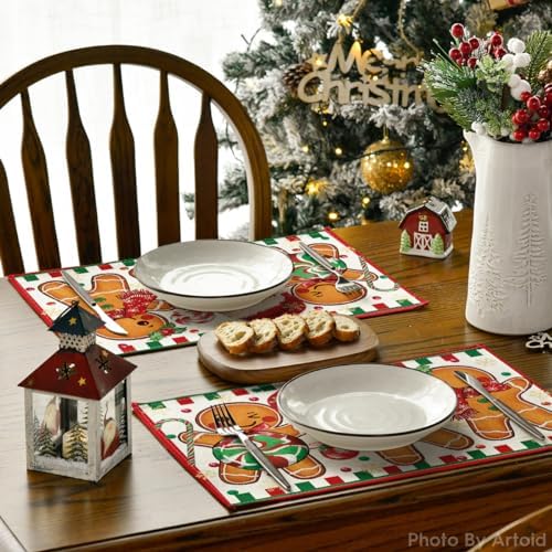 Artoid Mode Gingerbread Candy Cane Christmas Placemats Set of 8, 12x18 Inch Seasonal Table Mats for Party Kitchen Dining Decoration