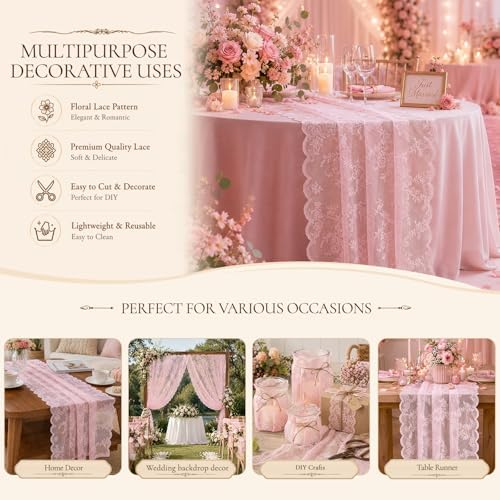 Pink Lace Table Runner with Floral Embroidered (1pcs, 28”x118”)