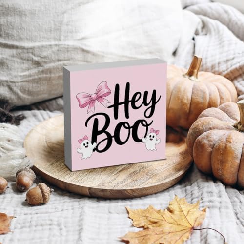 HTBIG Halloween Hey Boo Sign Cute Pink Ghost Desk Decor For Home Rustic Wooden Shelf Decor Season House Girl Room Indoor 5 x 5 Inch