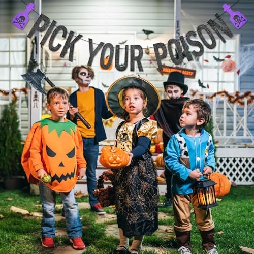 Black Glitter Pick Your Poison Banner - Halloween Hanging Paper Garland Bunting Banner with Purple Potion Bottle Decorations, Photo Backdrop for Wall Home Mantel Office Wall Scary Party Supplies
