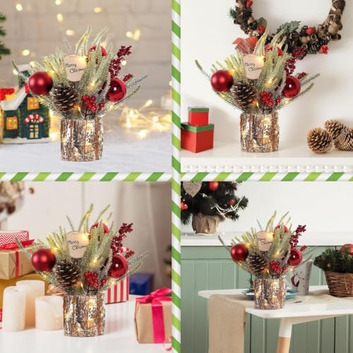 Small Table Top Christmas Tree with Lights, Mini Christmas Tree Decorations with Merry Christmas Pine Cones Berries Balls Ornaments for Home Party Office Centerpiece Indoor Decorations 12Inch, Red