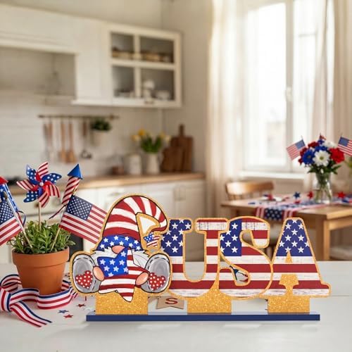 Smile Patriotic USA Wooden Standing Decor Set, 2-Piece 4th of July Tiered Tray Tabletop Signs with Gnome for Independence Day