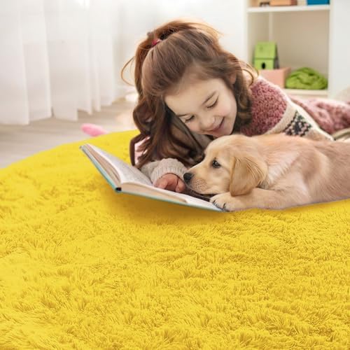 OLANLY Yellow Round Rugs for Bedroom - Machine Washable, 2 ft Circle Area Rugs for Living Room, Soft and Fluffy Shaggy