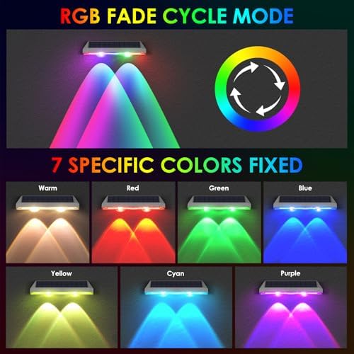 8 Pack Solar Fence Lights Outdoor - Warm White & RGB 6 Color, Dusk to Dawn Deck Light, Solar Powered Light Outdoor IP65