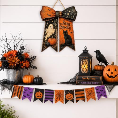 Halloween Bow Door Hanger Ghost Cat Black Orange Front Porch Wooden Sign