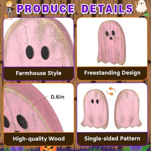 3Pcs Halloween Table Decorations Indoor, Farmhouse Halloween Cute Ghost Decorations, Rustic Ghost Table Centerpieces Signs Tiered Tray Decor for Home Mantel Shelf Office Party Supplies (Pink)