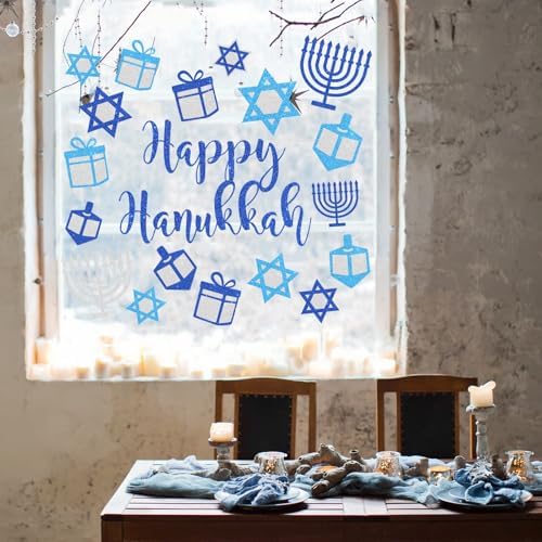 Whaline 6 Sheets Glitter Hanukkah Window Clings Chanukah Star Menorah Window Decal Reusable Anti-Collision Windows Decor for Home Classroom Office Party Supplies