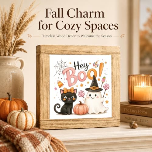 Halloween Wooden Sign, Hey Boo Ghost Witch and Black Cat Tabletop Decor