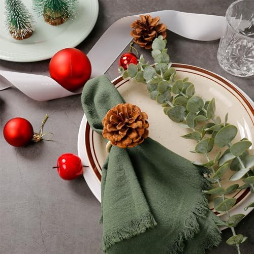 Christmas Napkin Rings Set of 8, Pinecone Napkin Rings, Handmade Cloth Napkin Holder with Cloth Buckles for Christmas/Thanksgiving/Wedding Party Dinner Table Decoration