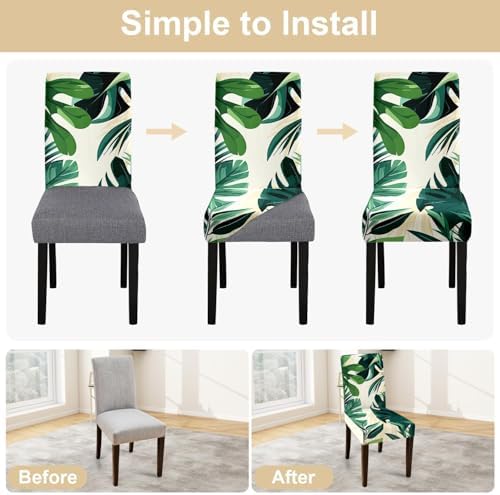 Tropical Leaf Chair Covers for Dining Room – Stretch Removable Washable Seat Slipcovers for Kitchen, Banquet, Wedding, Party – Modern Botanical Green Plant Print Decor,Set of 4