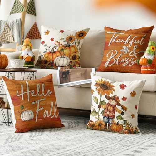 AVOIN colorlife Hello Fall Scarecrow Pillow Covers 18x18 Inch Set of 4